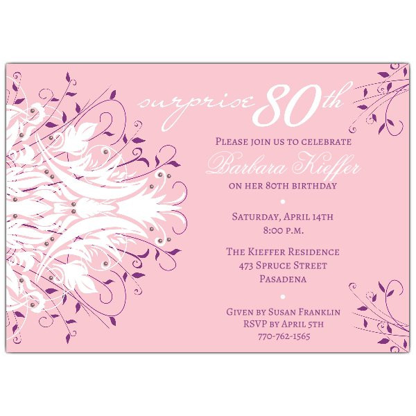 80th Birthday Invitation Wording
 Andromeda Pink Surprise 80th Birthday Invitations