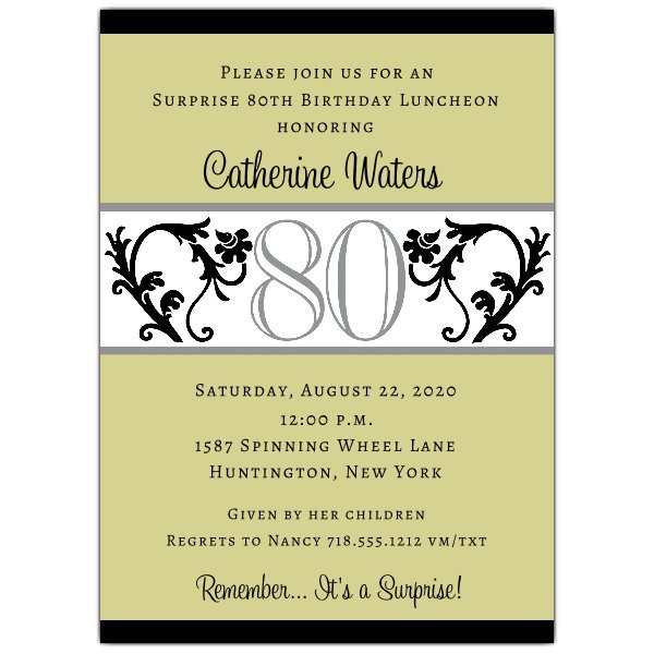 80th Birthday Invitation Wording
 Elegant Vine Chartreuse 80th Birthday Invitations