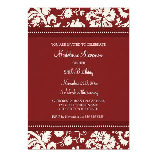 85th Birthday Invitations
 Red Damask 85th Birthday Party Invitations 5" X 7