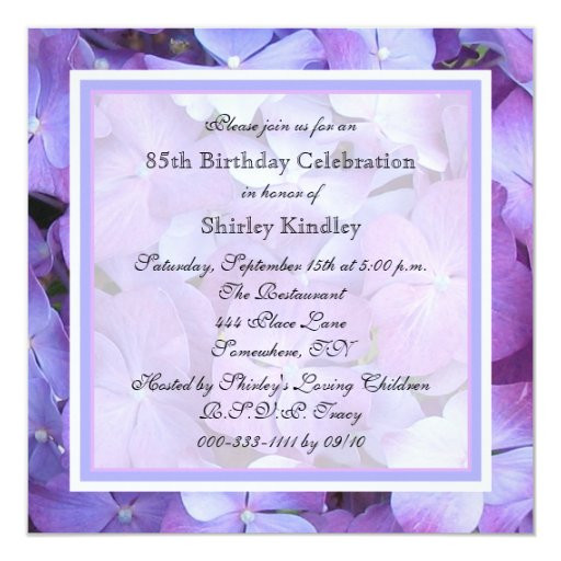 85th Birthday Invitations
 85th Birthday Party Invitation Purple Hydrangeas