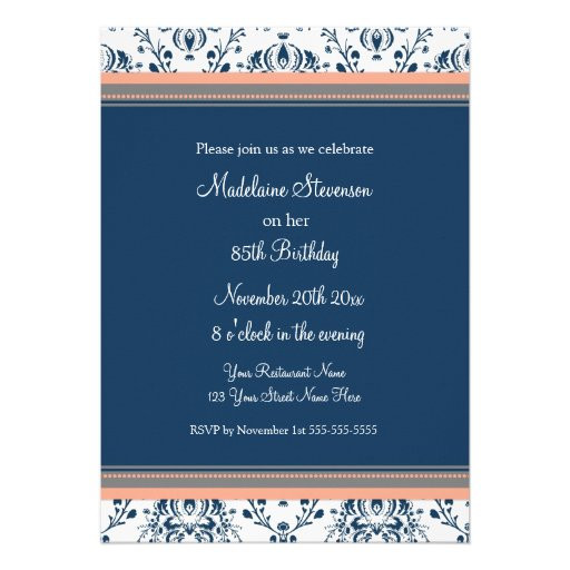 85th Birthday Invitations
 Blue Damask 85th Birthday Party Invitations 5" X 7