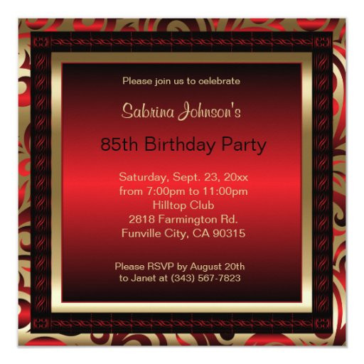 85th Birthday Invitations
 85th Birthday Party Red Metallic & Gold Invitation