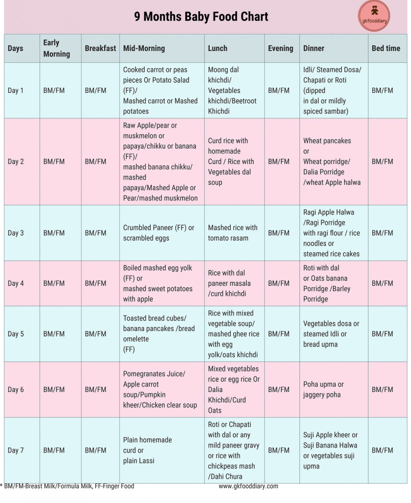 9 Month Old Baby Recipes
 9 Months Baby Food Chart