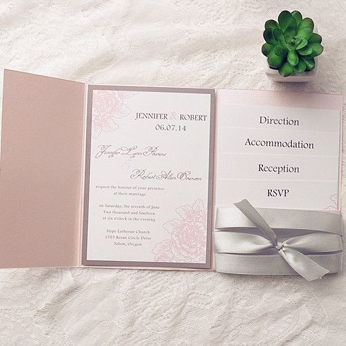 Affordable Pocket Wedding Invitations
 affordable silver ribbon blush pink pocket spring flower