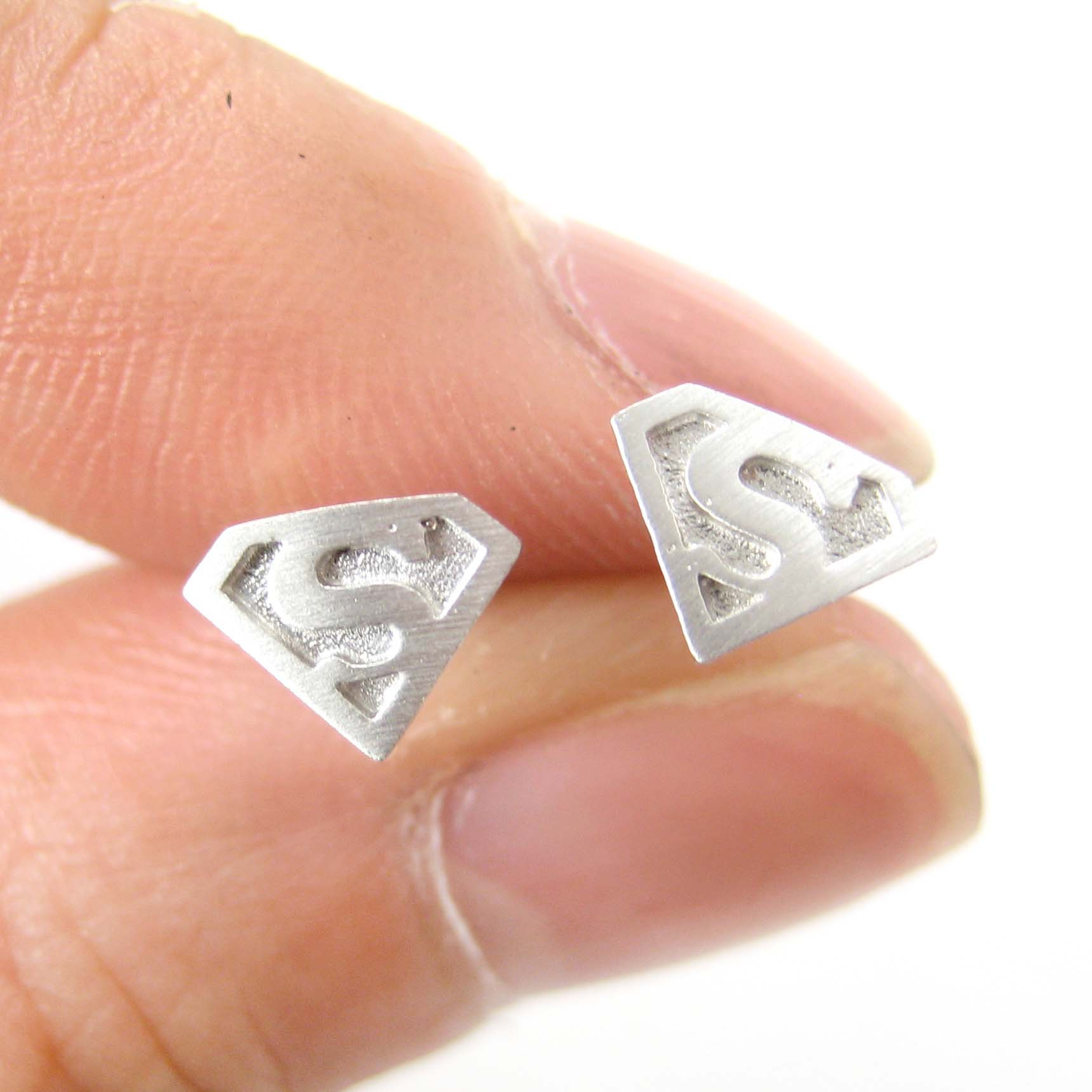 Allergy Free Earrings
 Small Superman Logo Symbol Stud Earrings in Silver
