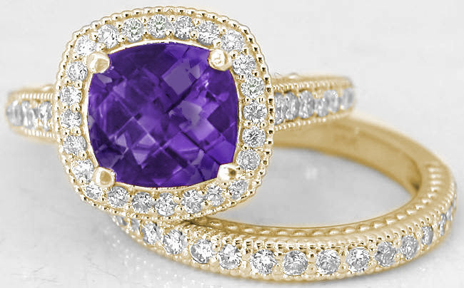 Amethyst Diamond Engagement Ring
 Cushion Cut Amethyst Diamond Halo Engagement Ring and