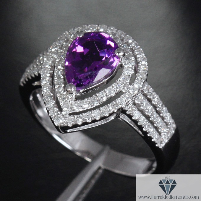 Amethyst Diamond Engagement Ring
 Pear Shape Amethyst Double Halo Triple Shank Diamond Pave