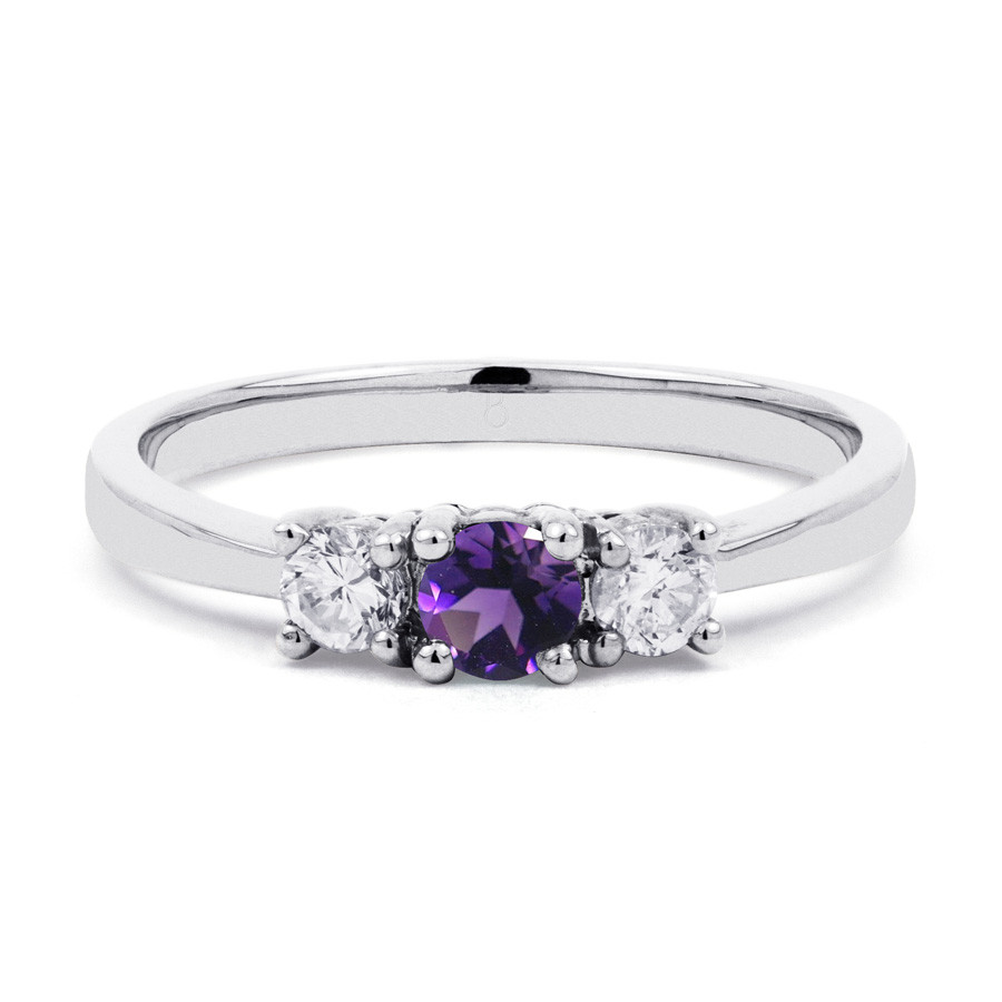 Amethyst Diamond Engagement Ring
 Natural 18K White Gold Amethyst & Diamond 3 Stone