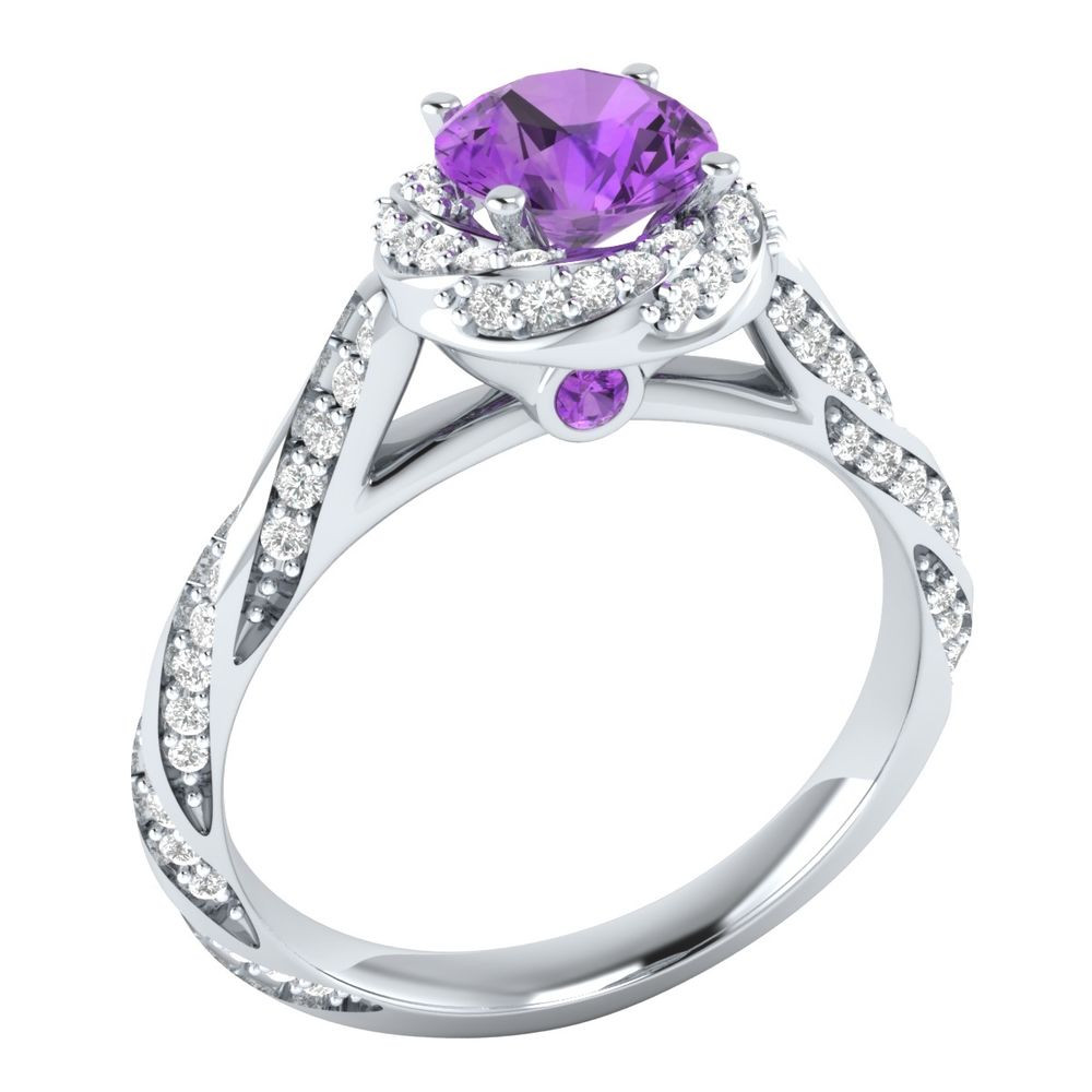 Amethyst Diamond Engagement Ring
 14K White Gold 1 18 ct Real Purple Amethyst & Certified