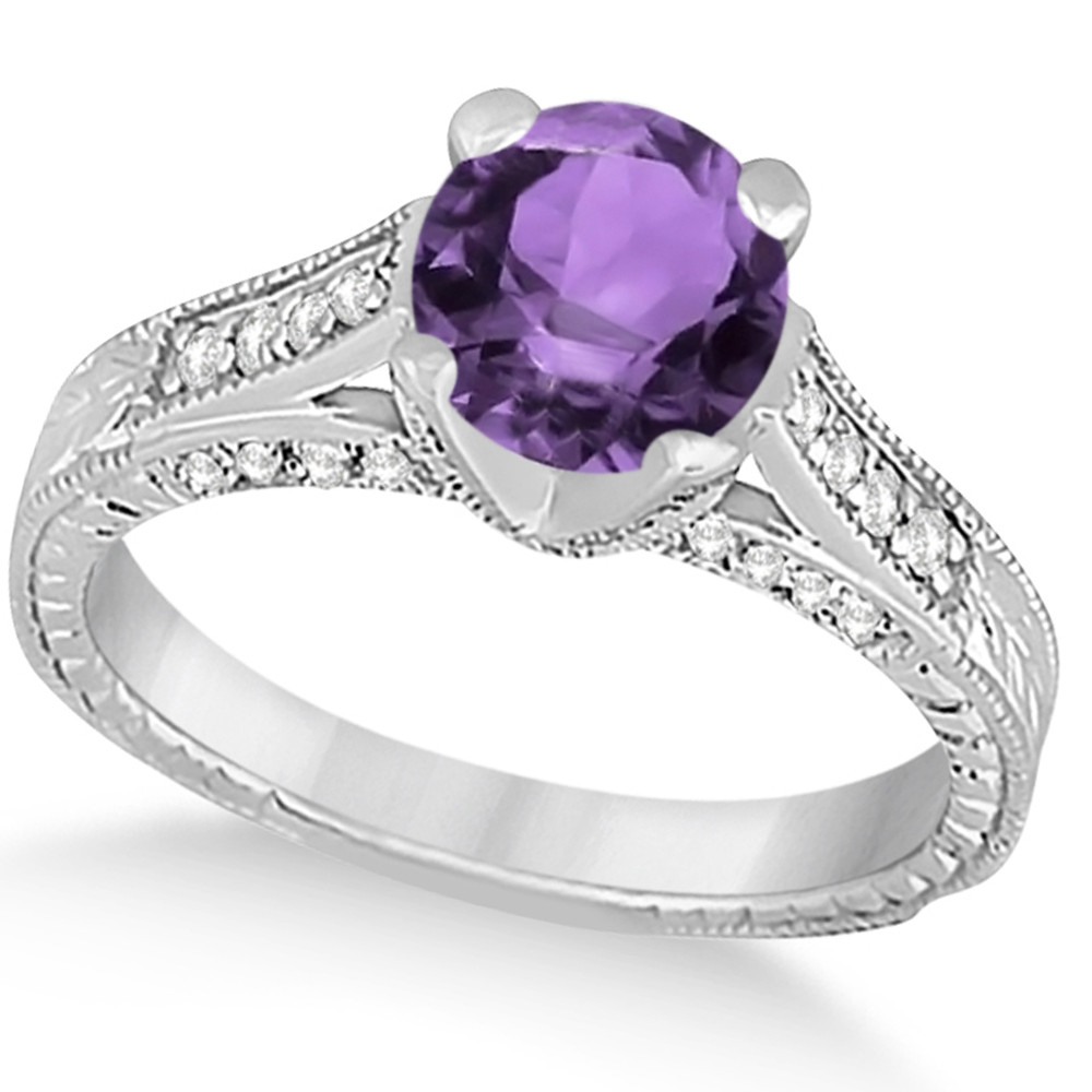 Amethyst Diamond Engagement Ring
 Diamond & Amethyst Antique Engagement Ring 14k White Gold