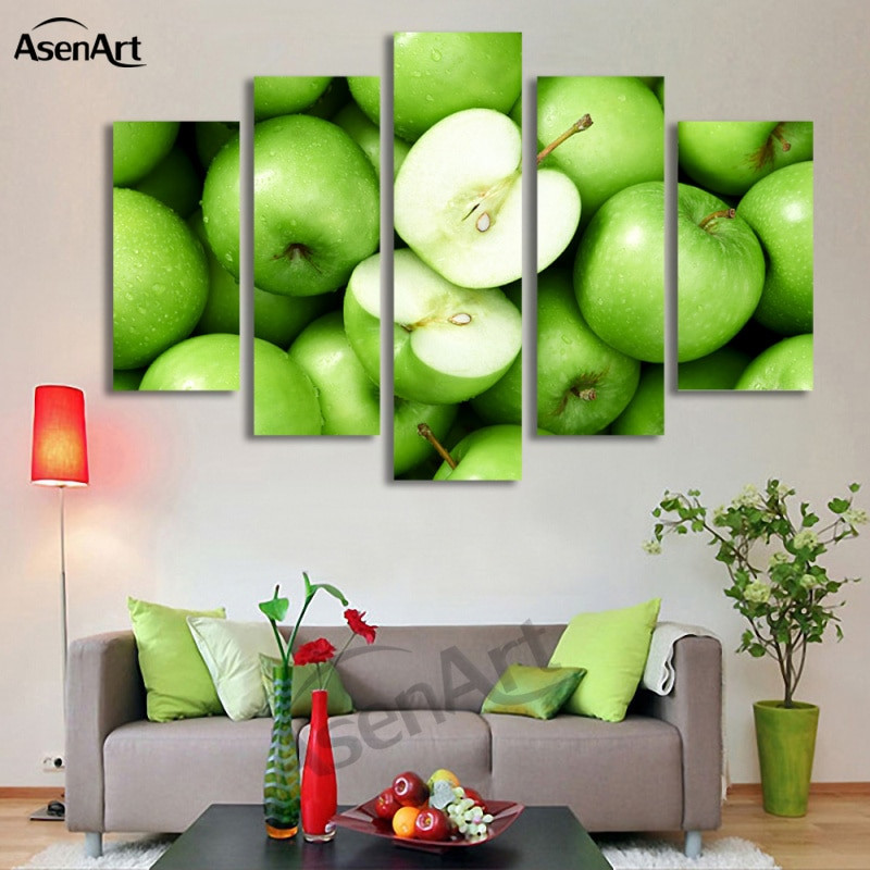 Apple Wall Decor For Kitchen
 5 Panel Wall Art Green Apple Picture Fruit Painting for