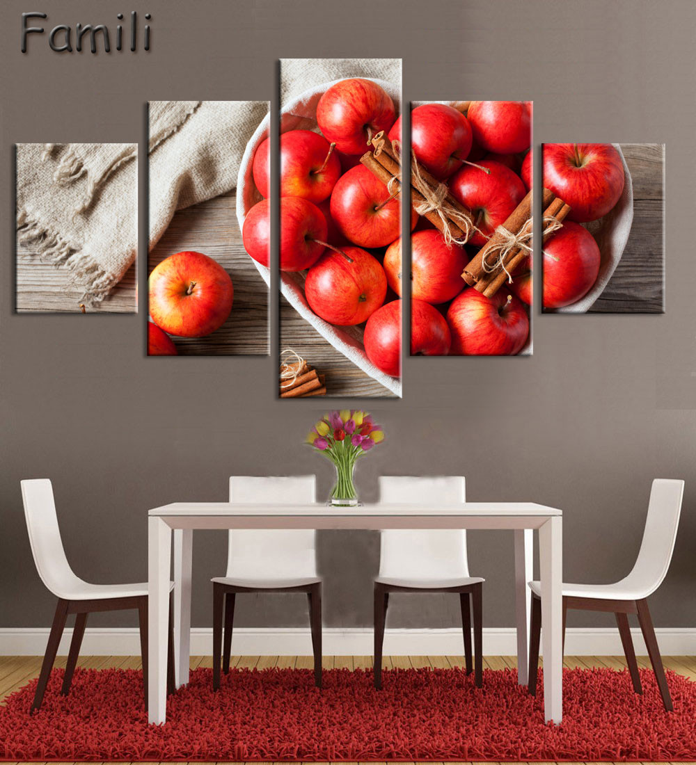 Apple Wall Decor For Kitchen
 Canvas painting 5 panel Restaurant Fruits Orange grape