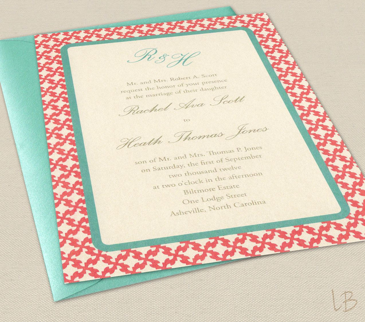 Aqua Wedding Invitations
 Love the colors Aqua and Coral Wedding Invitation Sample