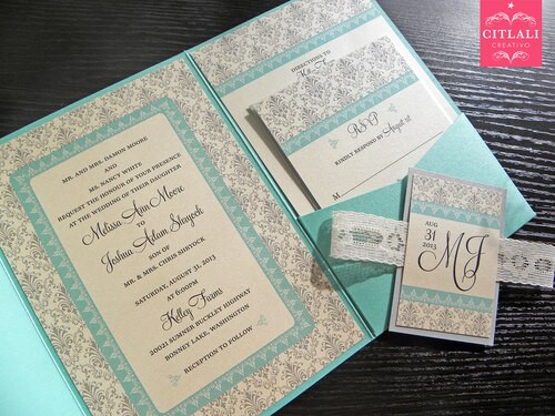 Aqua Wedding Invitations
 Silver & Aqua Lace Damask Pocket Wedding Invitations