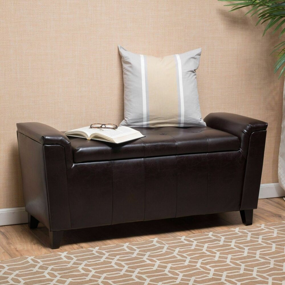 Armed Storage Bench
 Contemporary Brown Tufted Leather Armed Storage Ottoman