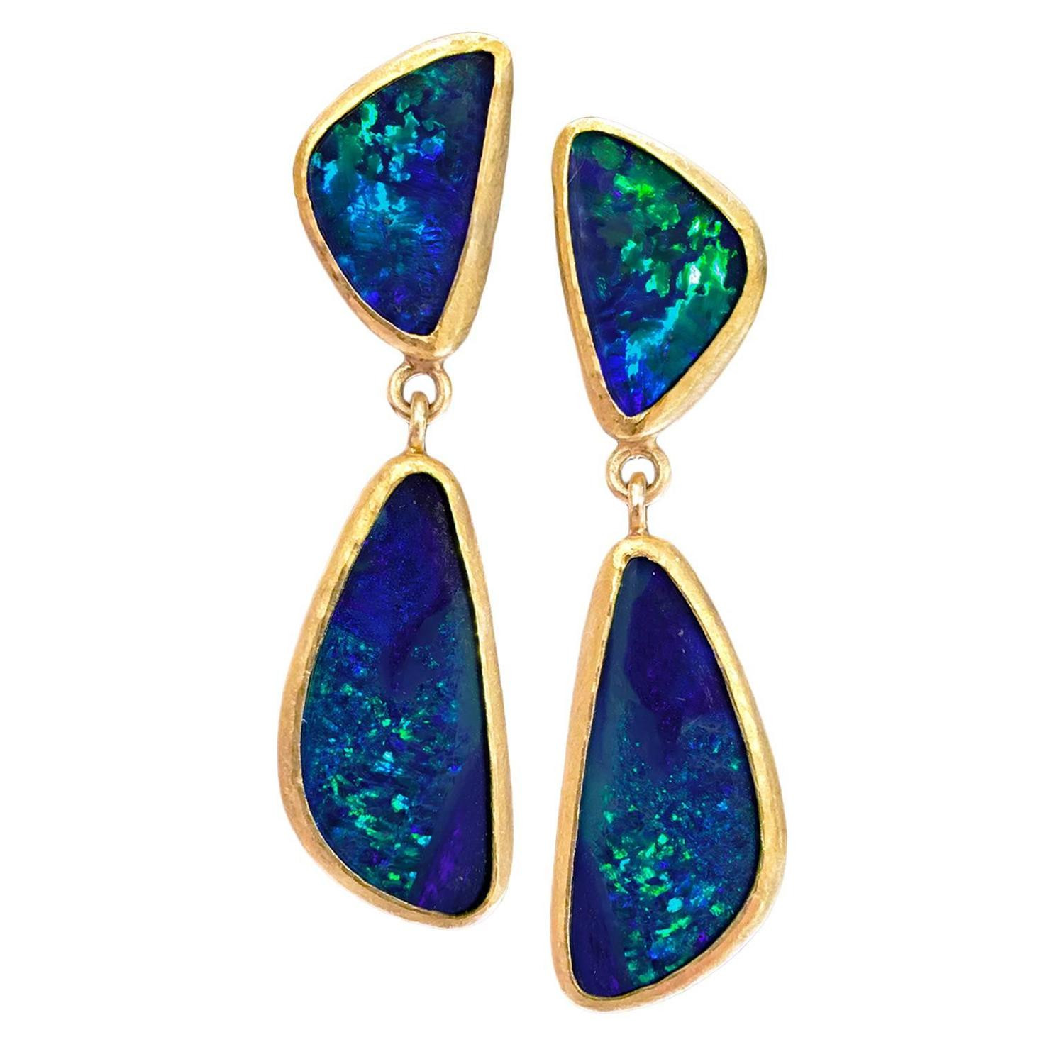 Australian Opal Earrings
 Petra Class Blue Green Australian Opal Doublet Matte Gold