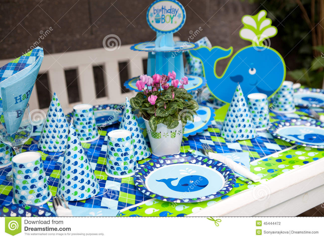 Baby Boy Birthday Decorations
 Baby Boy First Birthday Party Outdoor Table Set Stock