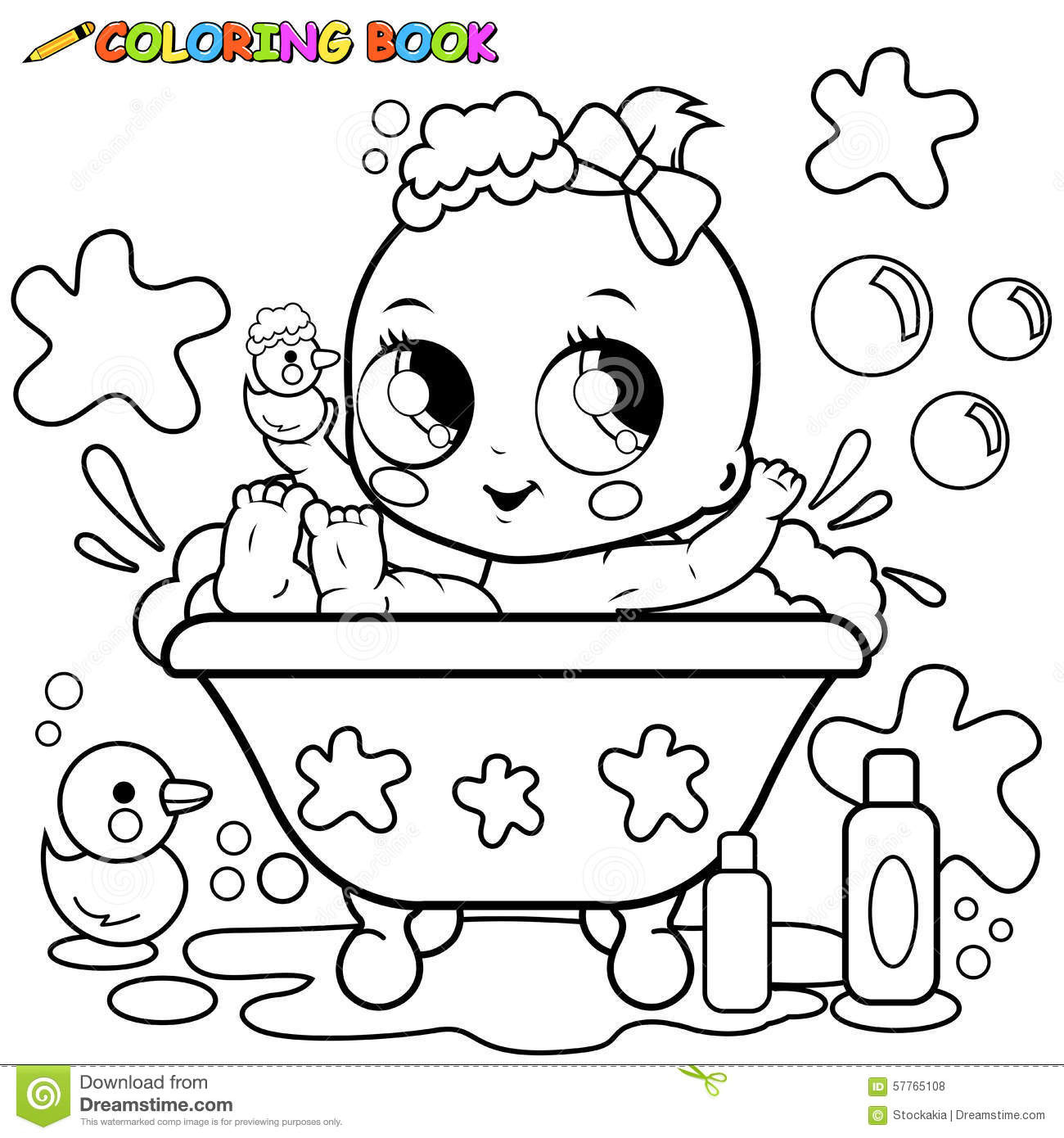 Baby Girls Coloring Pages
 Baby Girl Taking A Bath Coloring Page Stock Vector