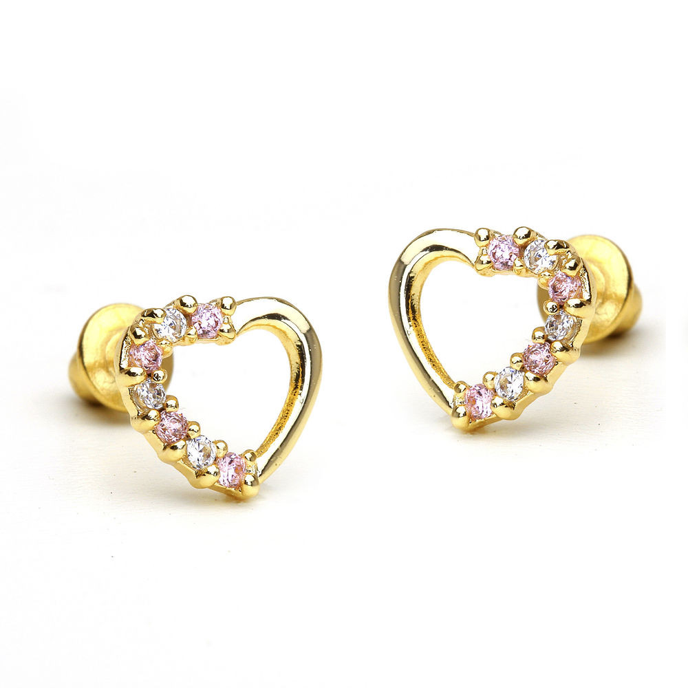 Baby Gold Earrings
 14k Gold Plated Pink Open Heart Children Screwback Baby