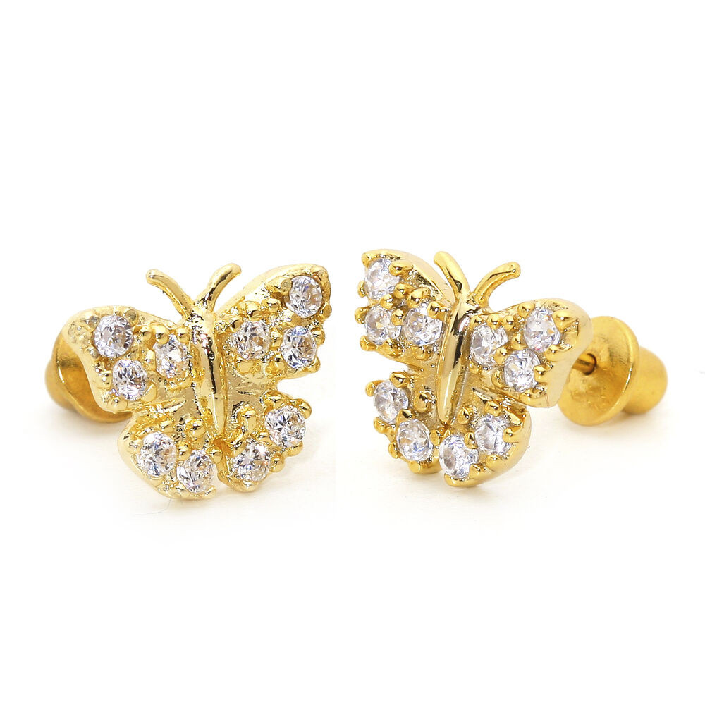 Baby Gold Earrings
 14k Gold Plated Pave Butterfly Children Screw Back Baby