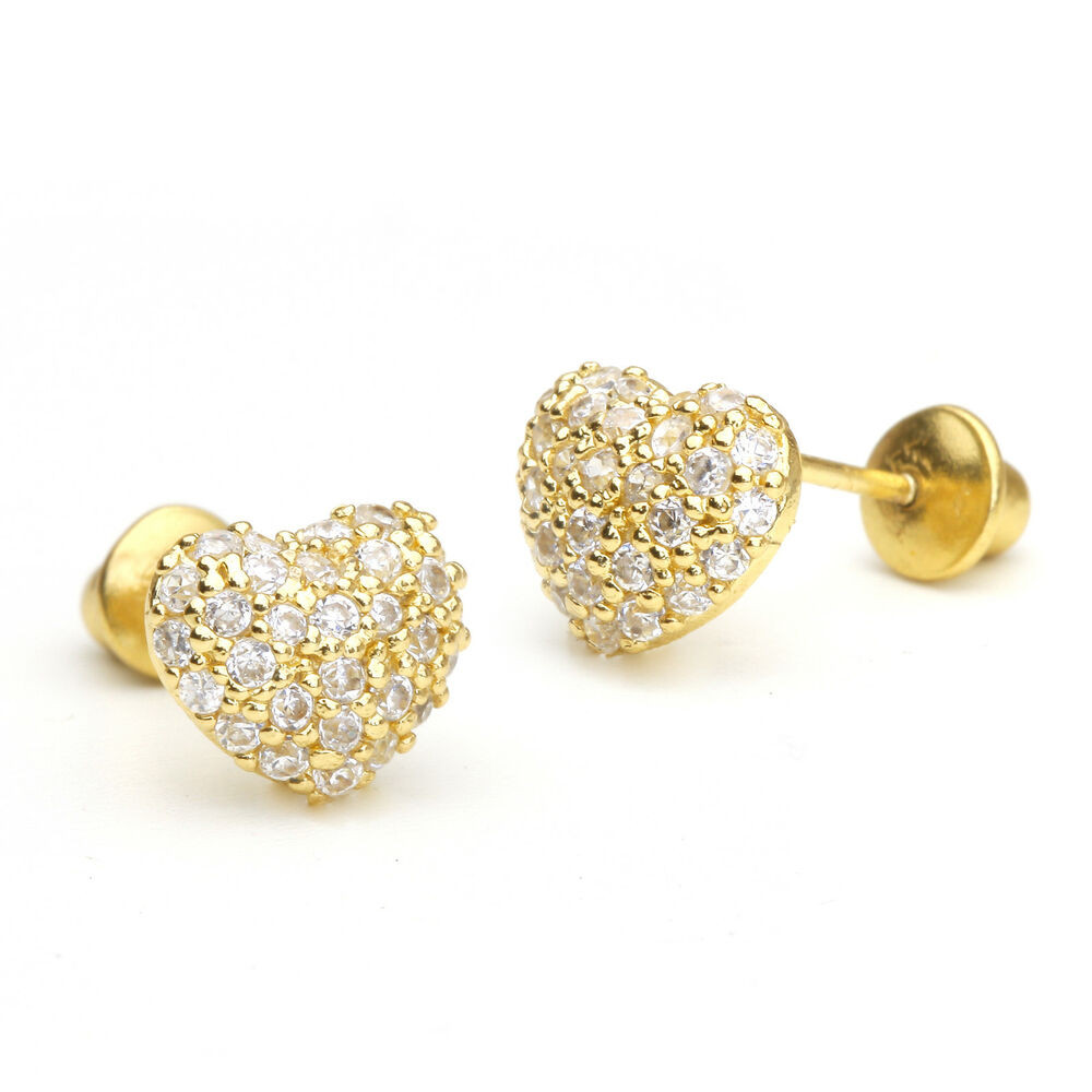 Baby Gold Earrings
 14k Gold Plated Domed Heart Pave Children Screwback Baby