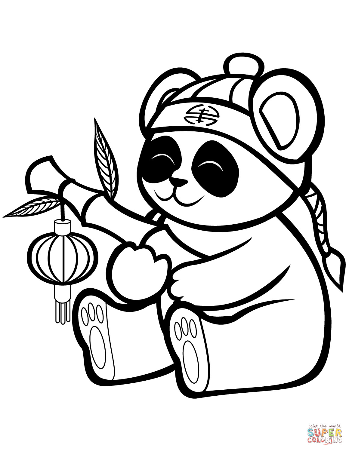 Baby Panda Coloring Page
 Cute Panda with a Bamboo Lantern coloring page