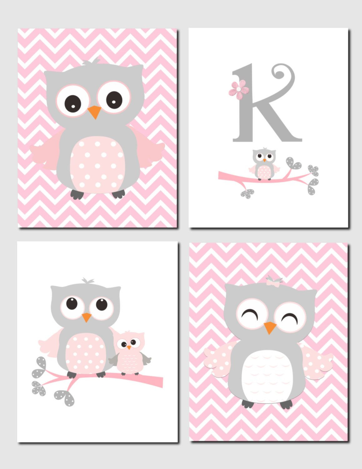 Baby Room Owl Decor
 Owl Nursery Art Pink Gray Owls Initial Monogram Baby