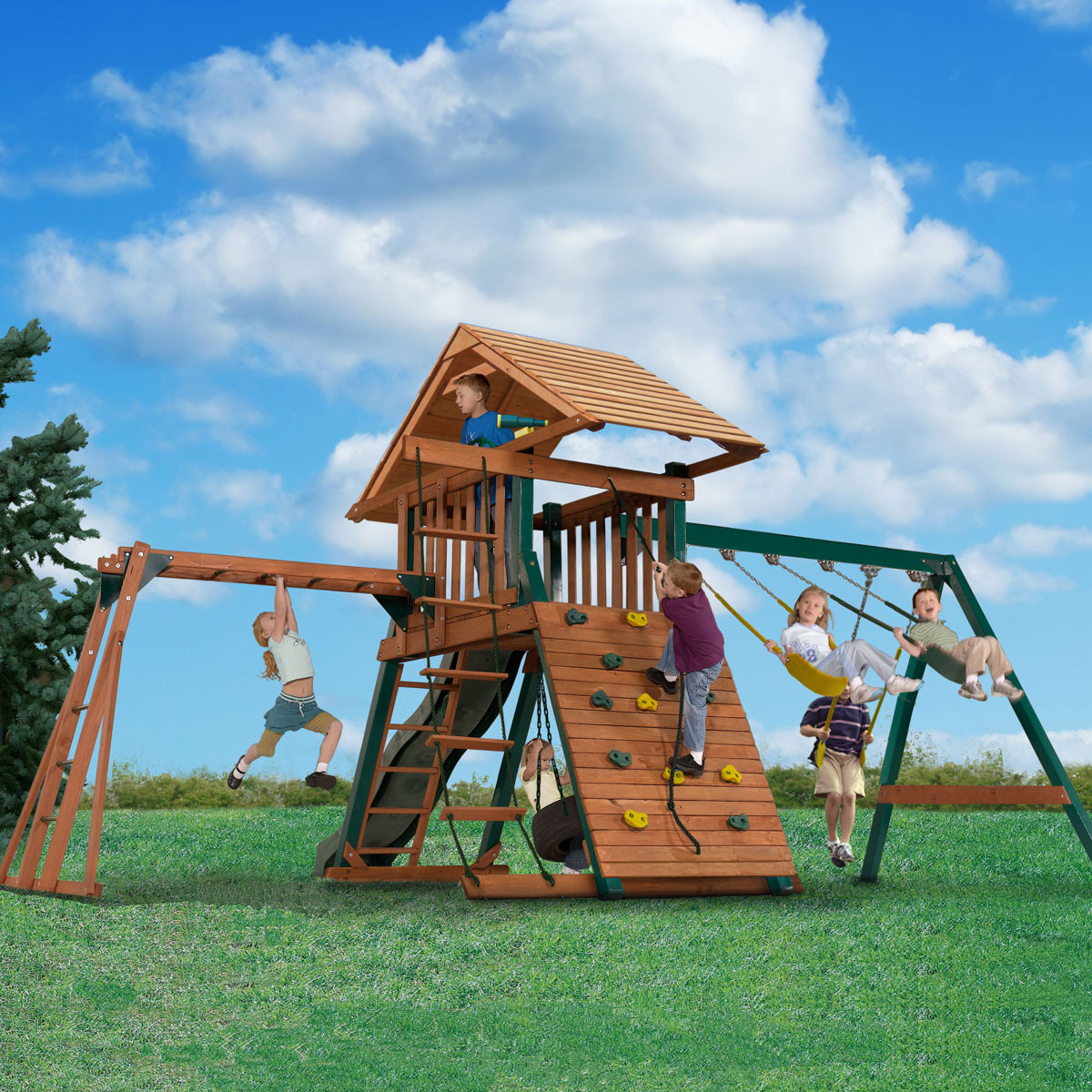 Backyard Monkey Bars
 Kangaroo Kavern Wooden Playset with Monkey Bars & Tire Swing