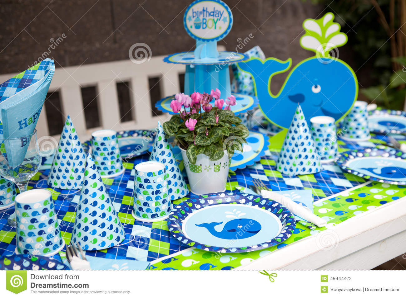 Backyard Party Ideas For Boys
 Baby Boy First Birthday Party Outdoor Table Set Stock