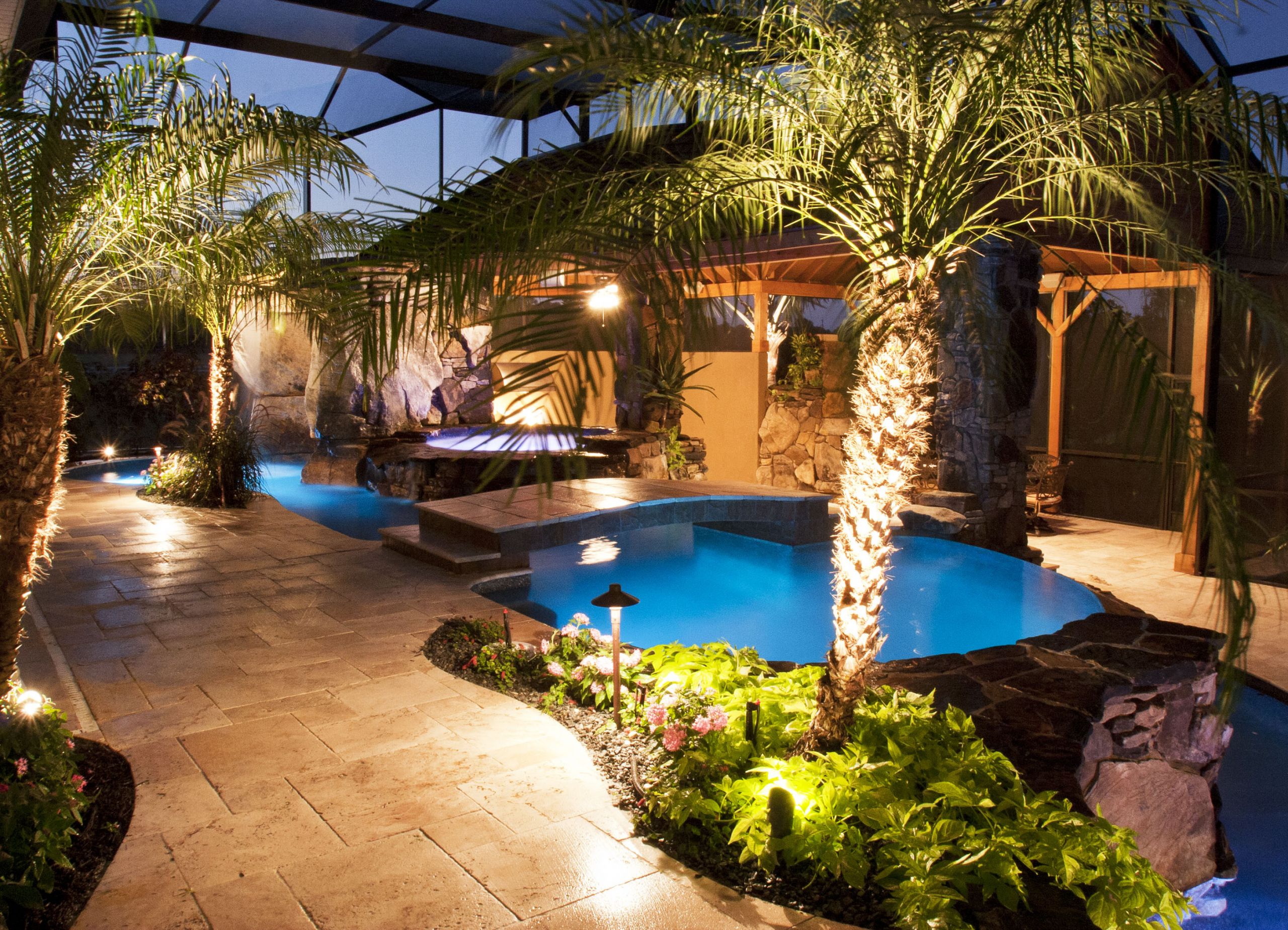 Backyard Pools And Spas
 Swimming Pool and Spa with Outdoor Kitchen Bar and