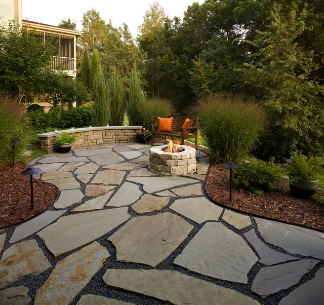 Backyard Stone Patio
 Flagstone Patio and Natural Stone Fire Pit Traditional