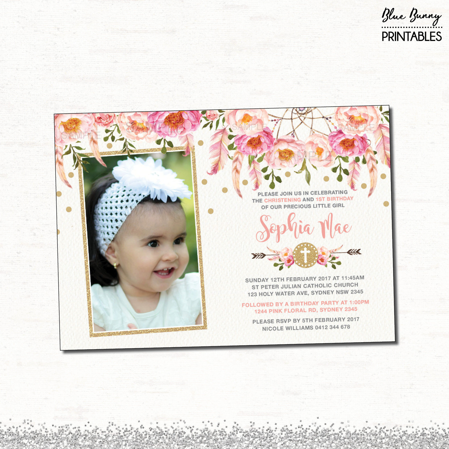 Baptism And Birthday Invitation
 Floral First Birthday & Baptism Invitation Pink and Gold