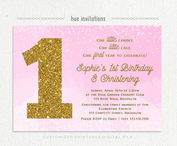 Baptism And Birthday Invitation
 1st birthday christening invitation for baby girl pink