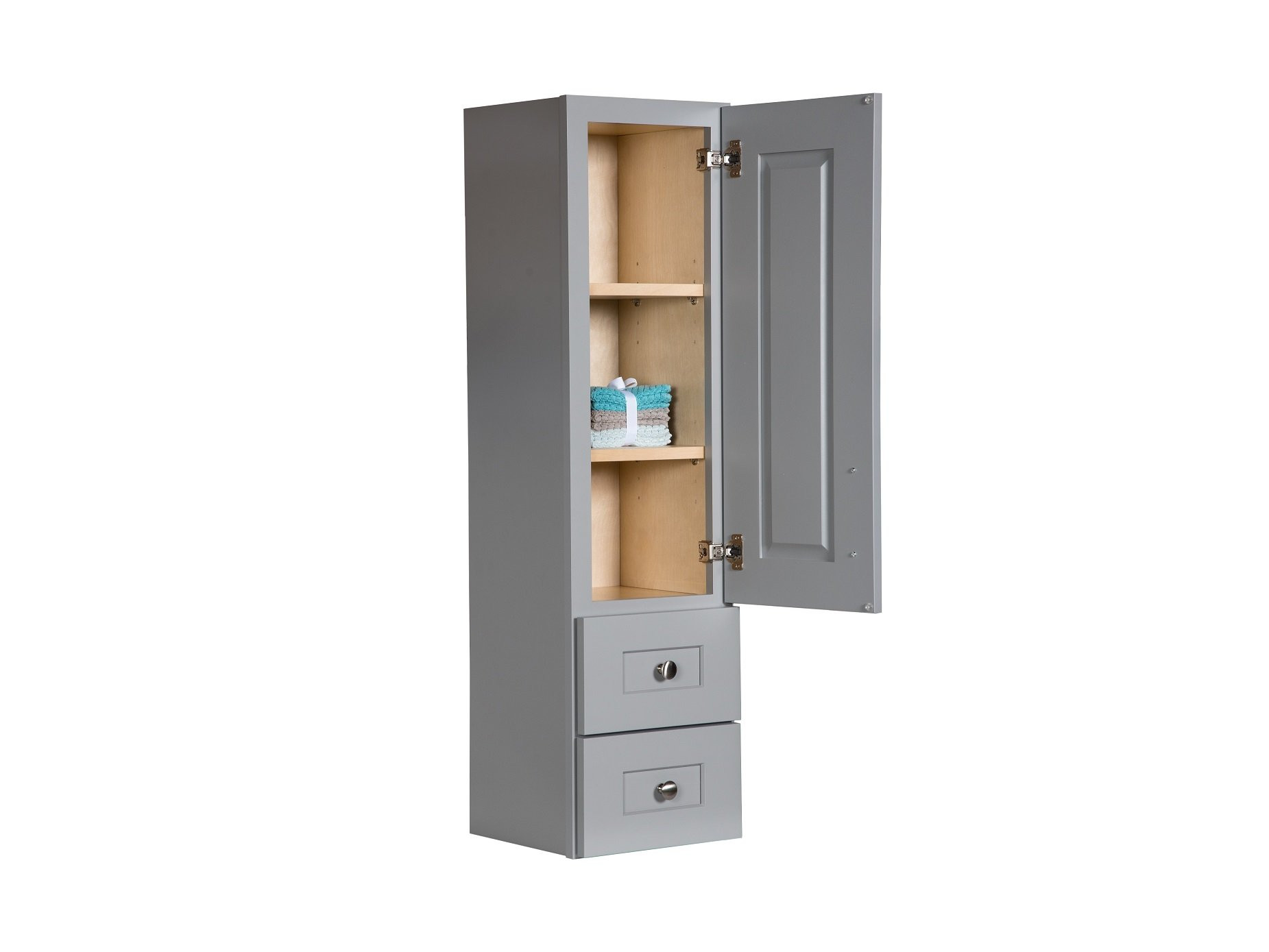 Bathroom Countertop Storage Tower
 Grey Linen Cabinet with Wood Door Semi custom Collection