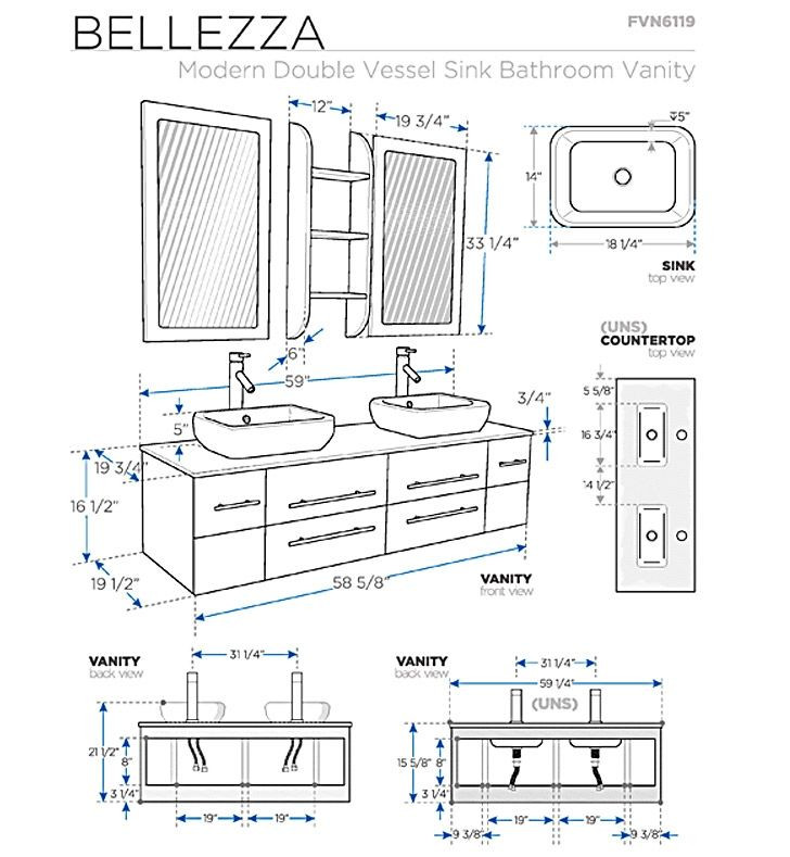 Bathroom Sink Size Guide
 Fresca Bellezza Espresso Modern Double Vessel Sink