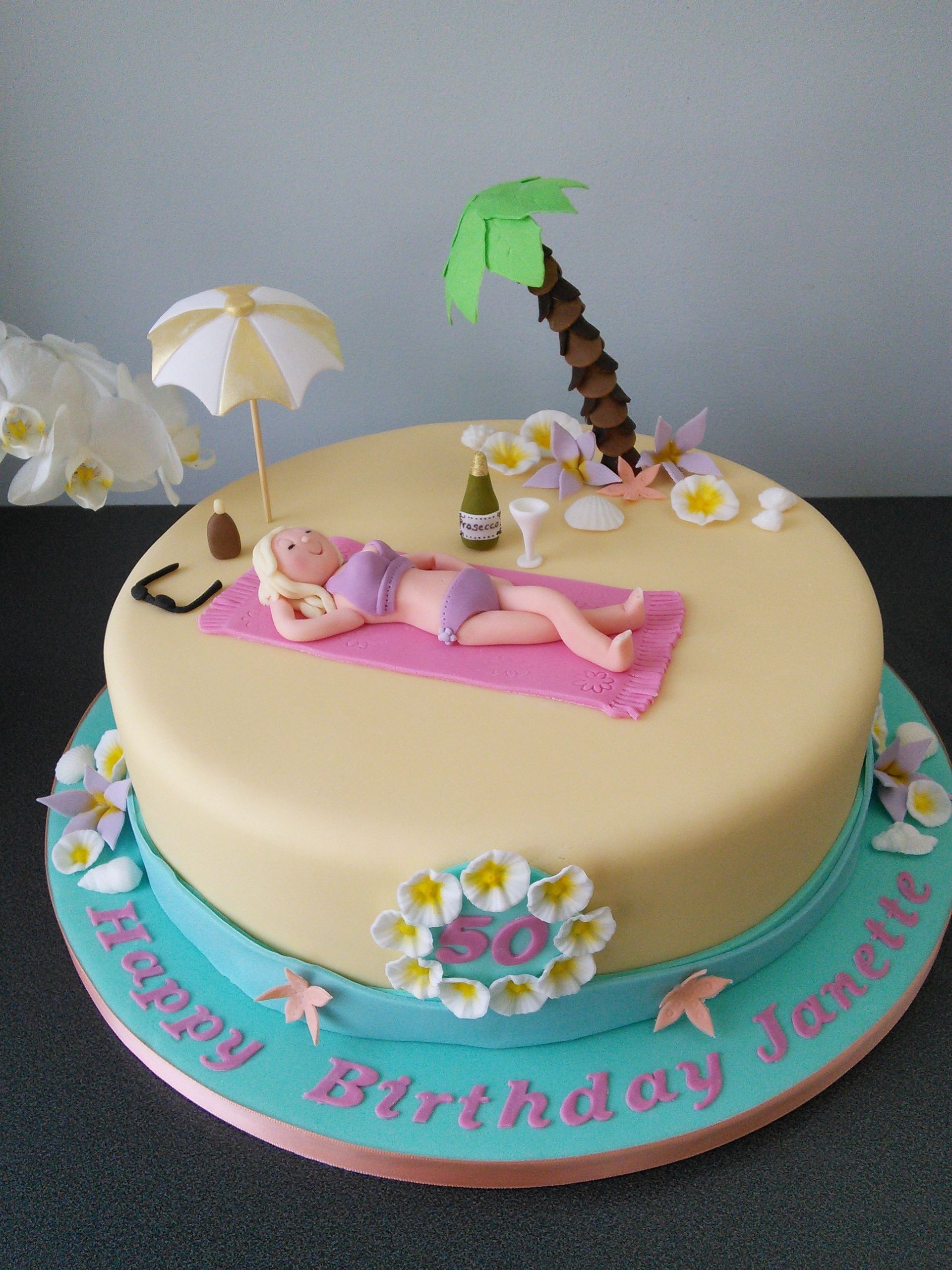 Beach Party Cake Ideas
 Beach cake for 50th birthday sunbathing umbrella palm