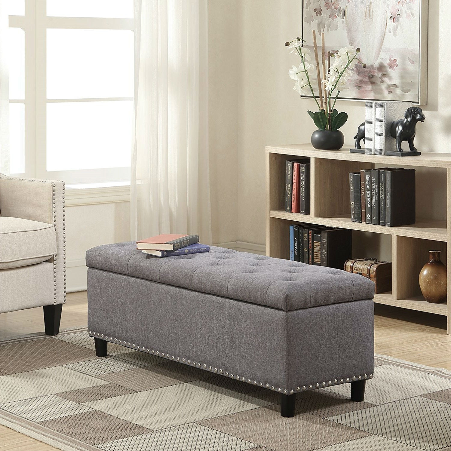 Bedroom Storage Ottoman
 Grey Linen 48 inch Bedroom Storage Ottoman Bench Footrest