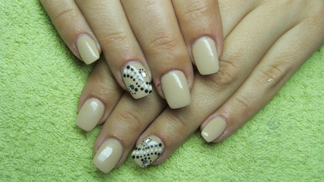 Beige Nail Designs
 Beige nails with dots and rhinestones Nail Art Gallery