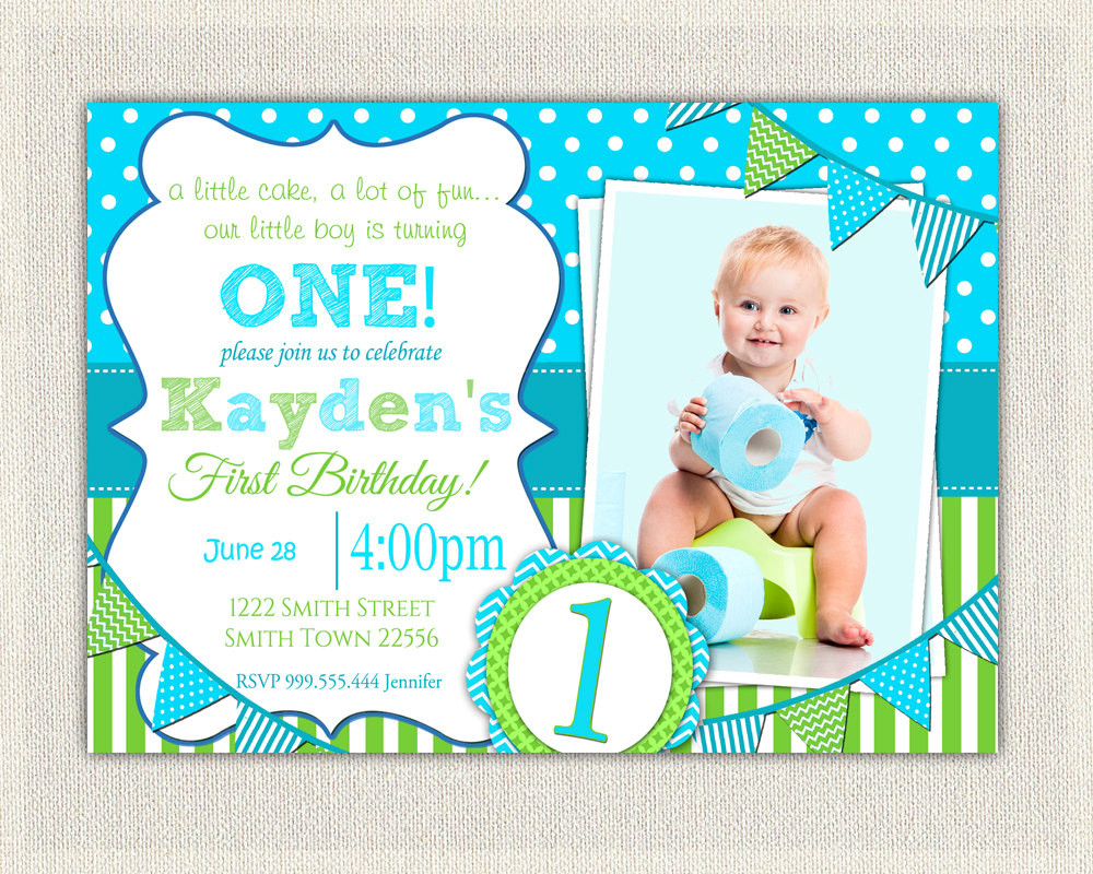 Birthday Boy Invitations
 Boys 1st Birthday Invitation Blue and Green Dots Stripes