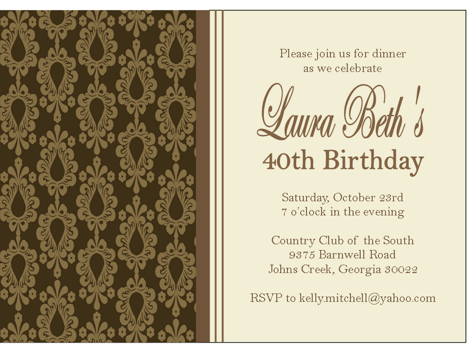 Birthday Dinner Invitation
 The Sweet Peach Paperie Damask Dinner Party Invitations