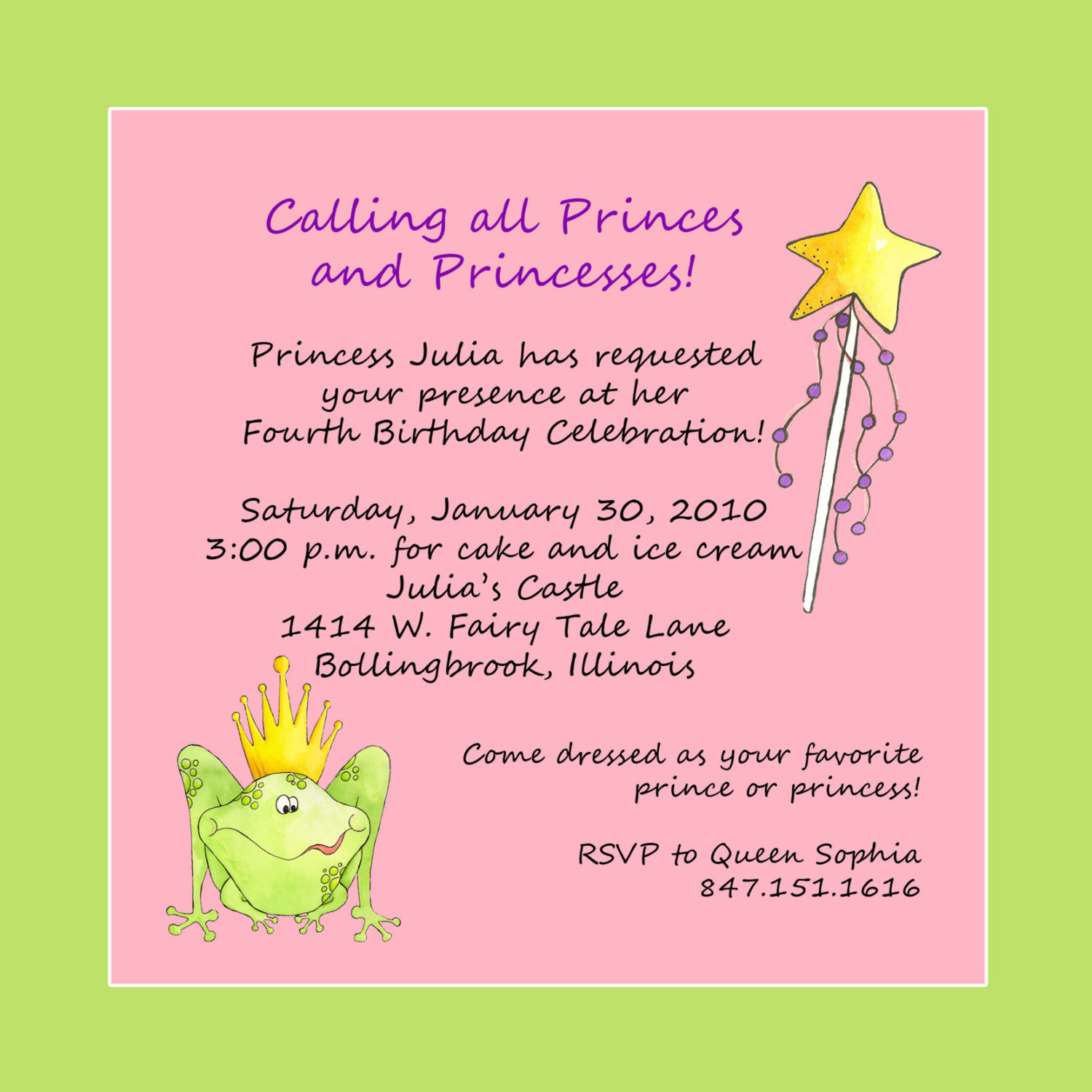 Birthday Invitation Sample
 Princess Theme Birthday Party Invitation Custom Wording