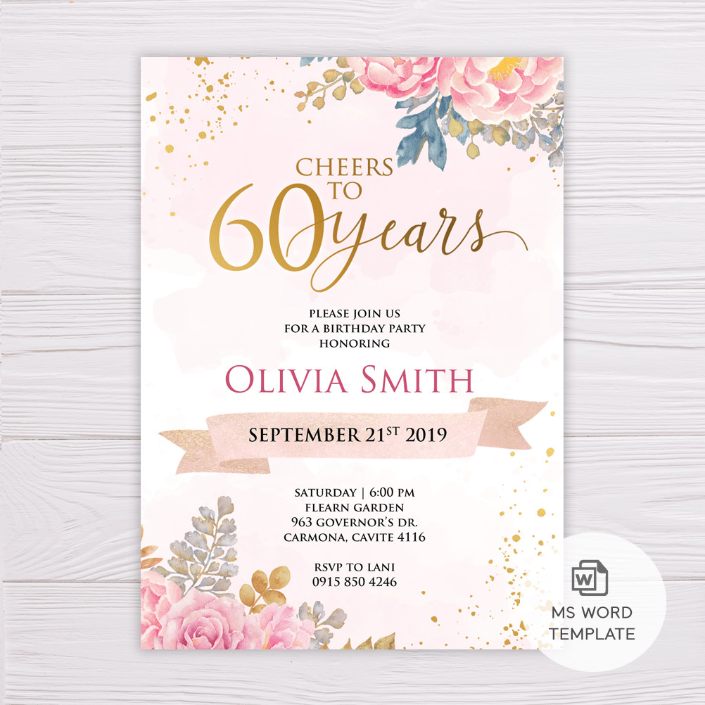 Birthday Invitation Template Word
 Blush & Gold Watercolor Flowers 60th Birthday Invitation