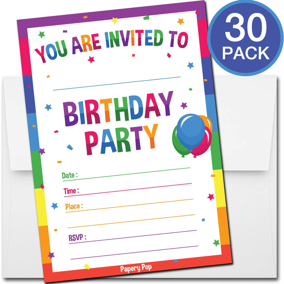 Birthday Invitations For Kids
 30 Colorful Rainbow Birthday Invitations with Envelopes