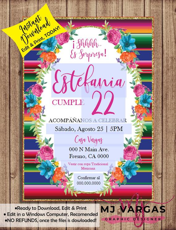 Birthday Invitations In Spanish
 Mexican Fiesta Birthday Party Invitation SPANISH Instant