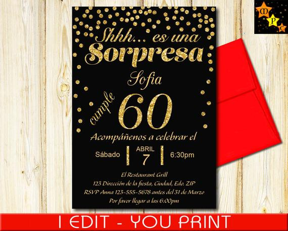 Birthday Invitations In Spanish
 SPANISH 60th Birthday Surprise Invitation Black and Gold