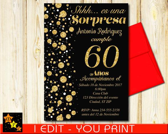 Birthday Invitations In Spanish
 SPANISH 60th Birthday Surprise Invitation All Ages Black