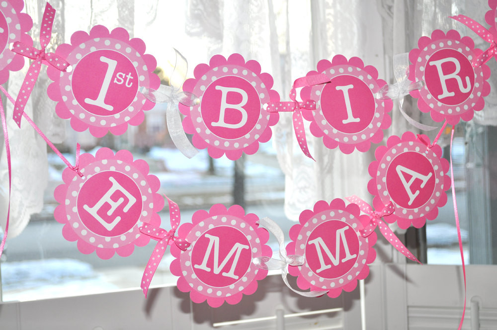 Birthday Party Names
 1st Birthday Banner – Polkadots Pink and White