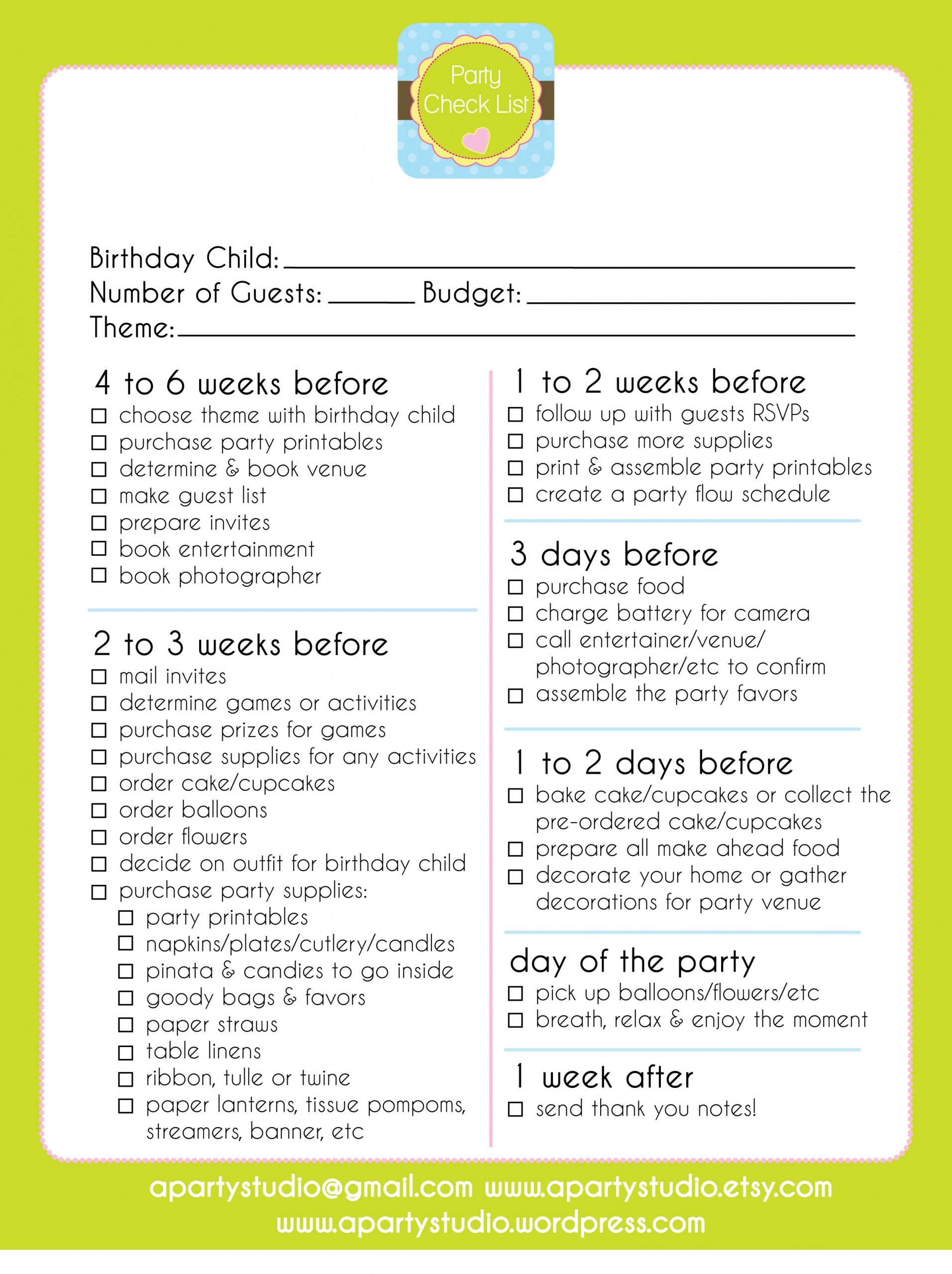 Birthday Party Planner
 FREE Printable Party Checklist