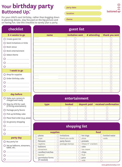 Birthday Party Planner
 Free printable birthday party checklist form Buttoned Up