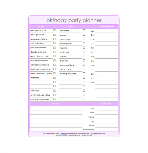 Birthday Party Planner
 Party Planning Templates 16 Free Word PDF Documents